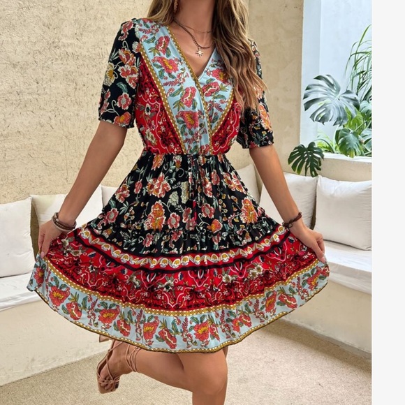 Boho Floral Paisley Print Overlap Neck Dress - Picture 12 of 15